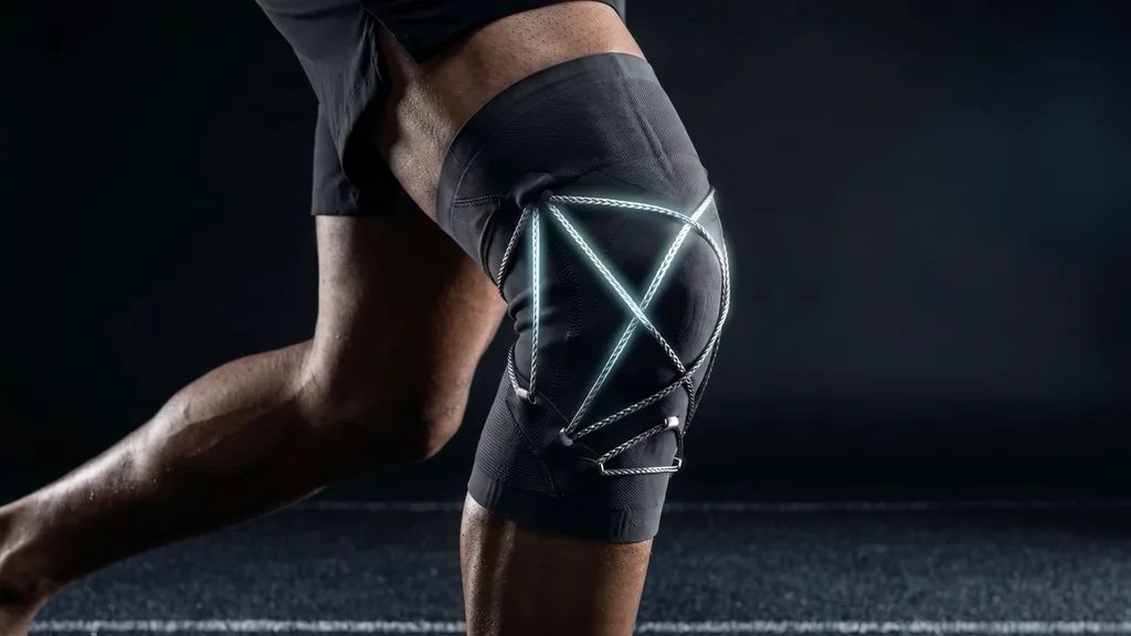 Film still of a knee support on a runner’s leg