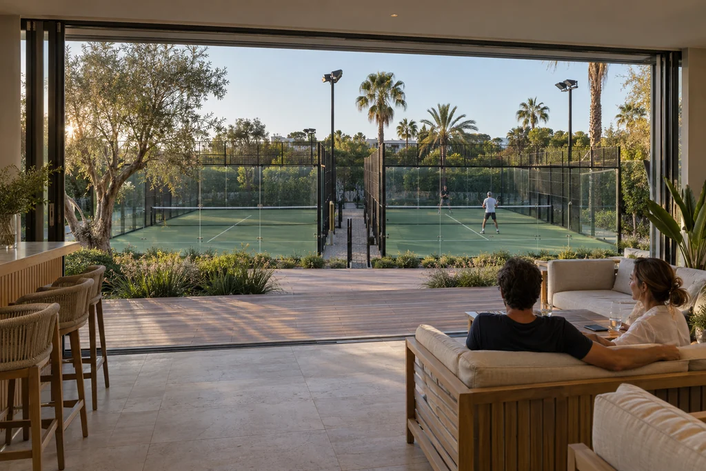 Render of a padel club lounge opening onto a terrace, with members on sofas and two glass-walled padel courts under floodlight masts beyond