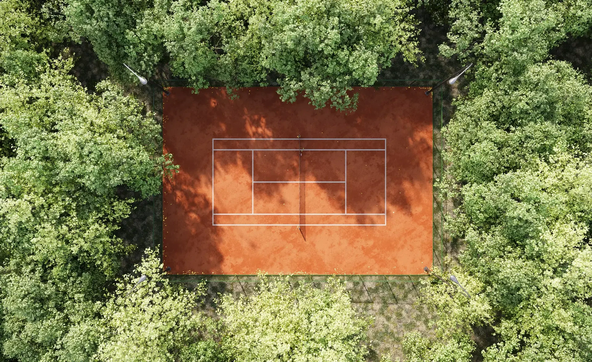Top-down render of a clay tennis court surrounded by dense forest canopy, with floodlight masts at the corners