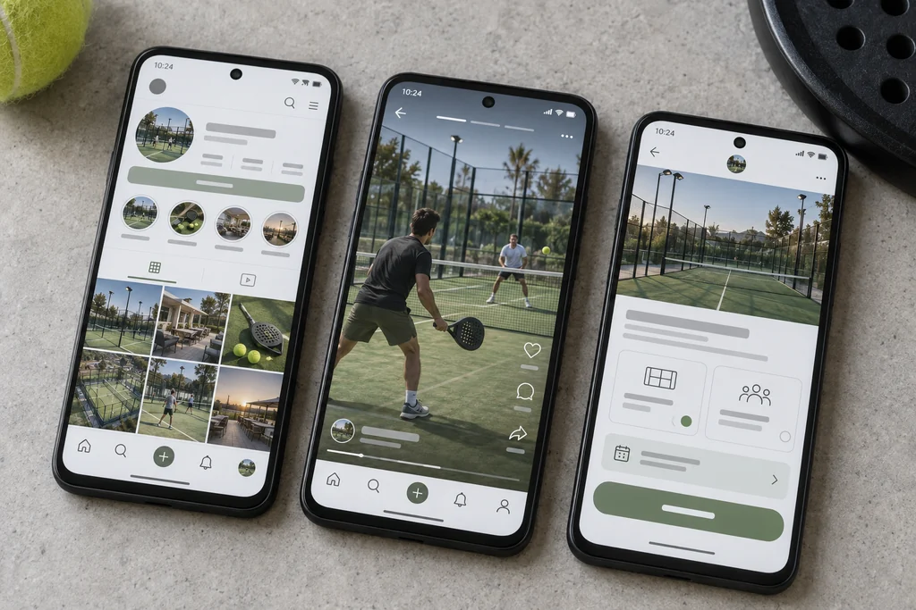 Three phones showing a padel club social media profile, a vertical rally video and a membership presale page made from court renders