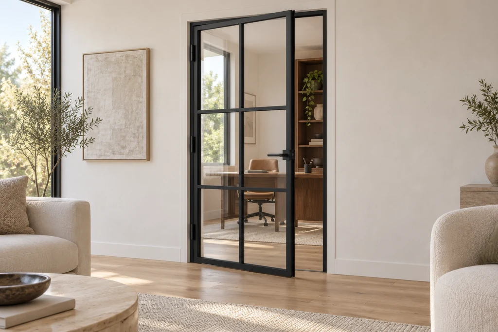 Black steel-framed glass door between a living room and a home office