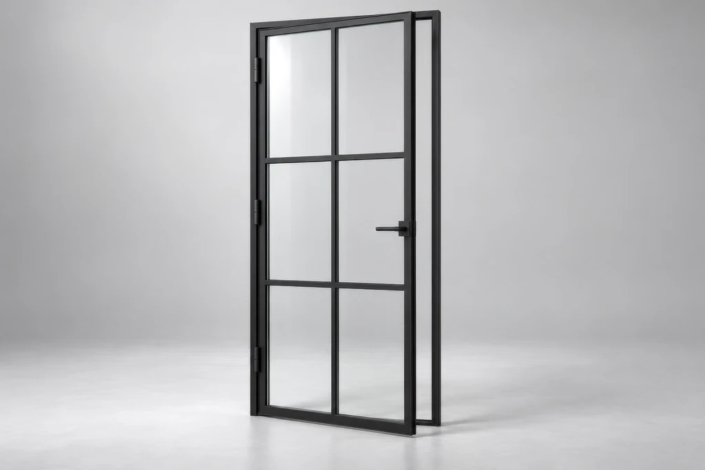 Black steel-framed glass door with slim profiles on a light studio background