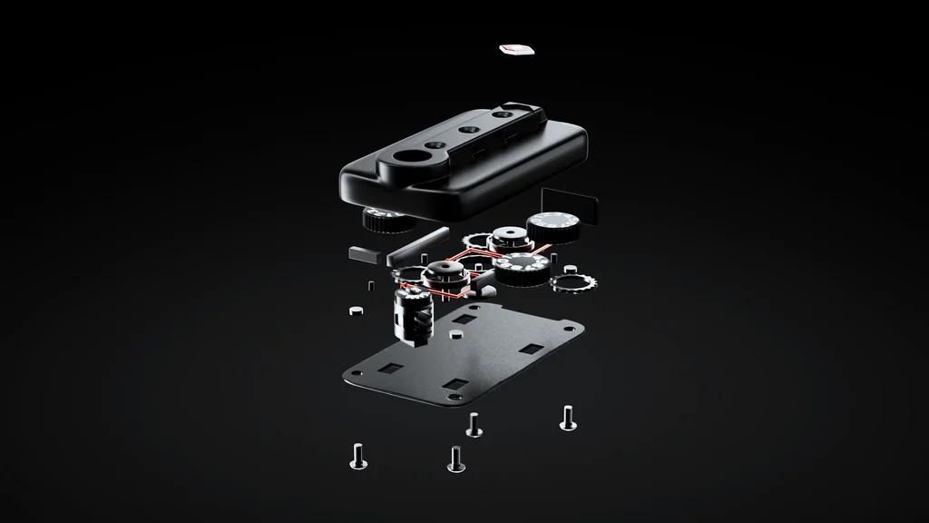 3D animation still of a suitcase lock mechanism floating apart in an exploded view
