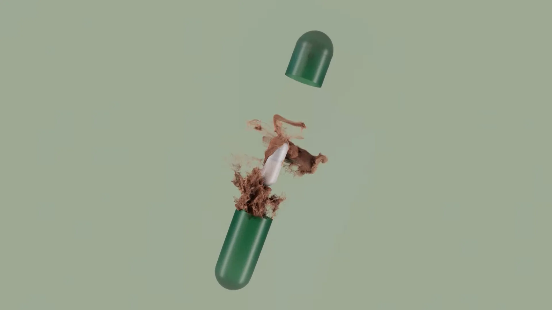 Filmstill van een synbiotische capsule die opengaat tegen een groene achtergrond