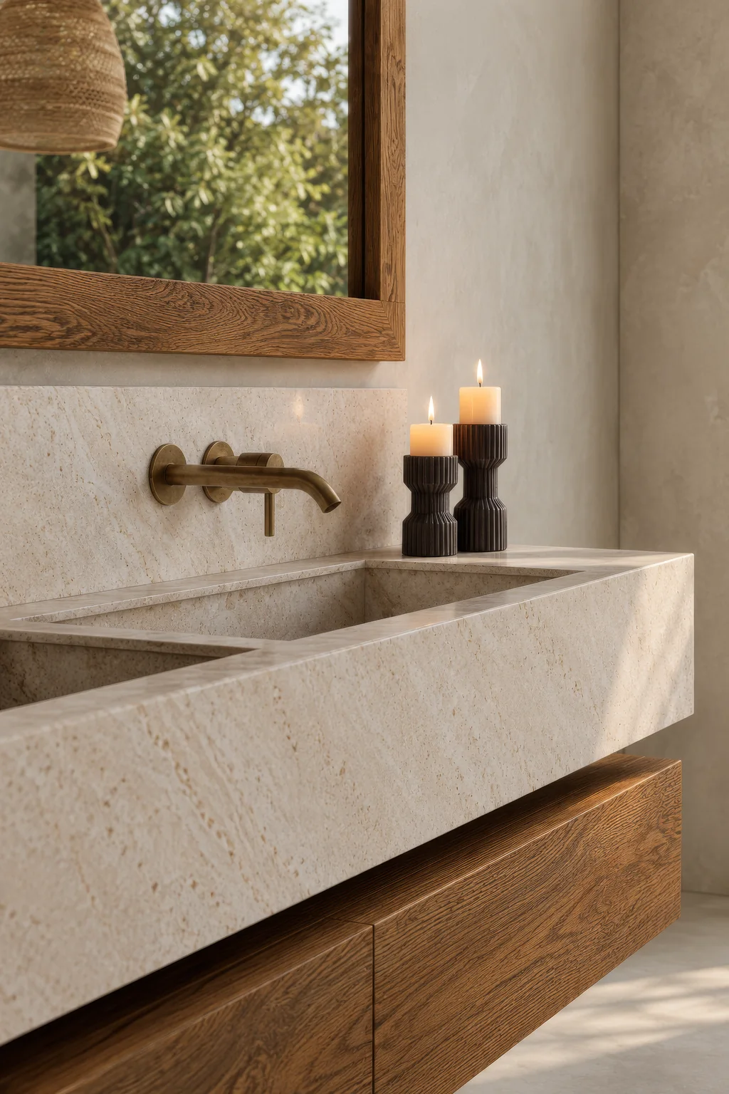 Safari Lodge Renderings for a Mountain Eco-Lodge in Tanzania Portrait close-up of a stone-look basin with a brass tap, a timber vanity and candles under a wooden mirror