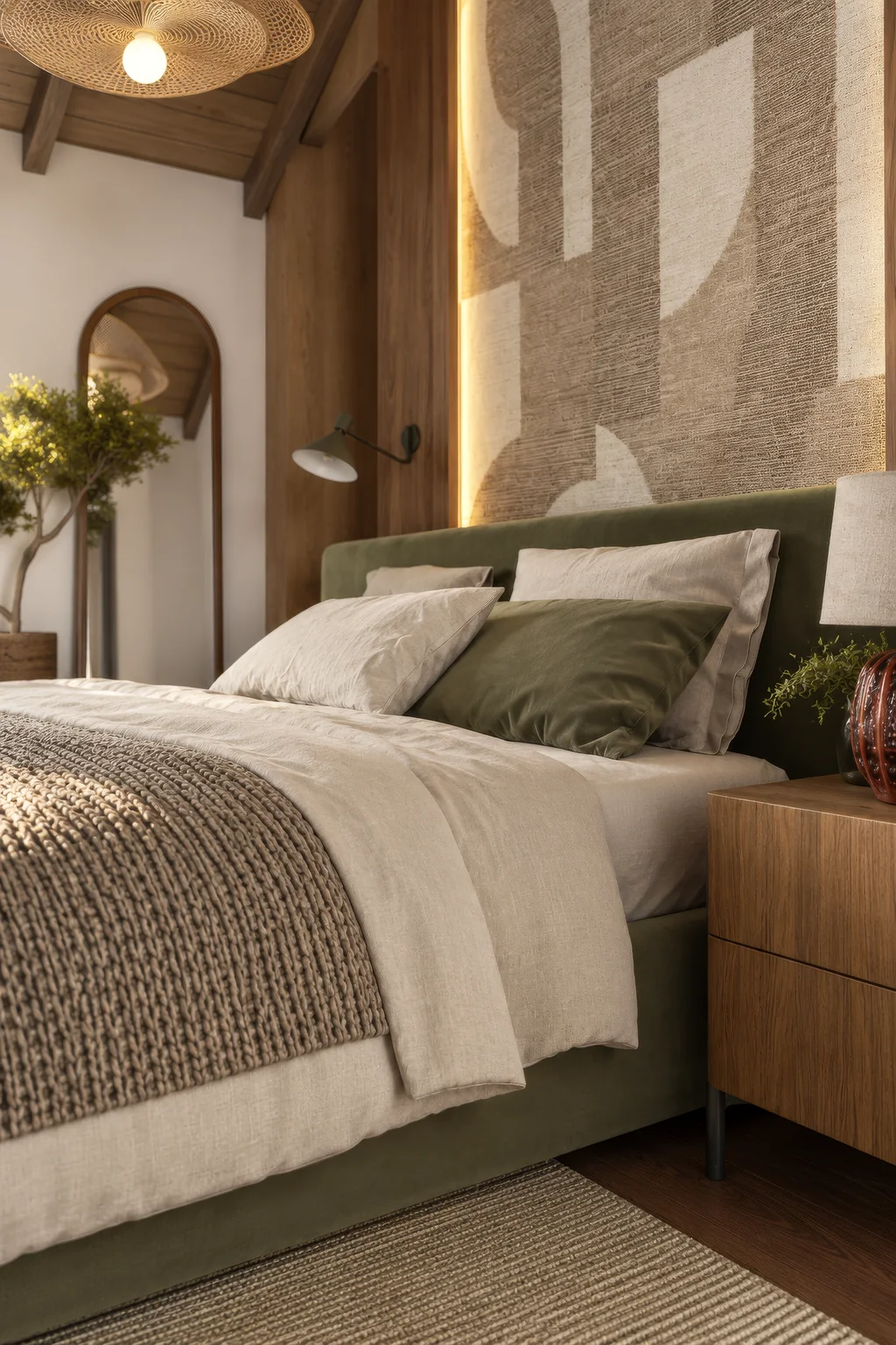Safari Lodge Renderings for a Mountain Eco-Lodge in Tanzania Portrait render of a guest bedroom with an olive bed, a textured headboard wall and rattan pendant lamps