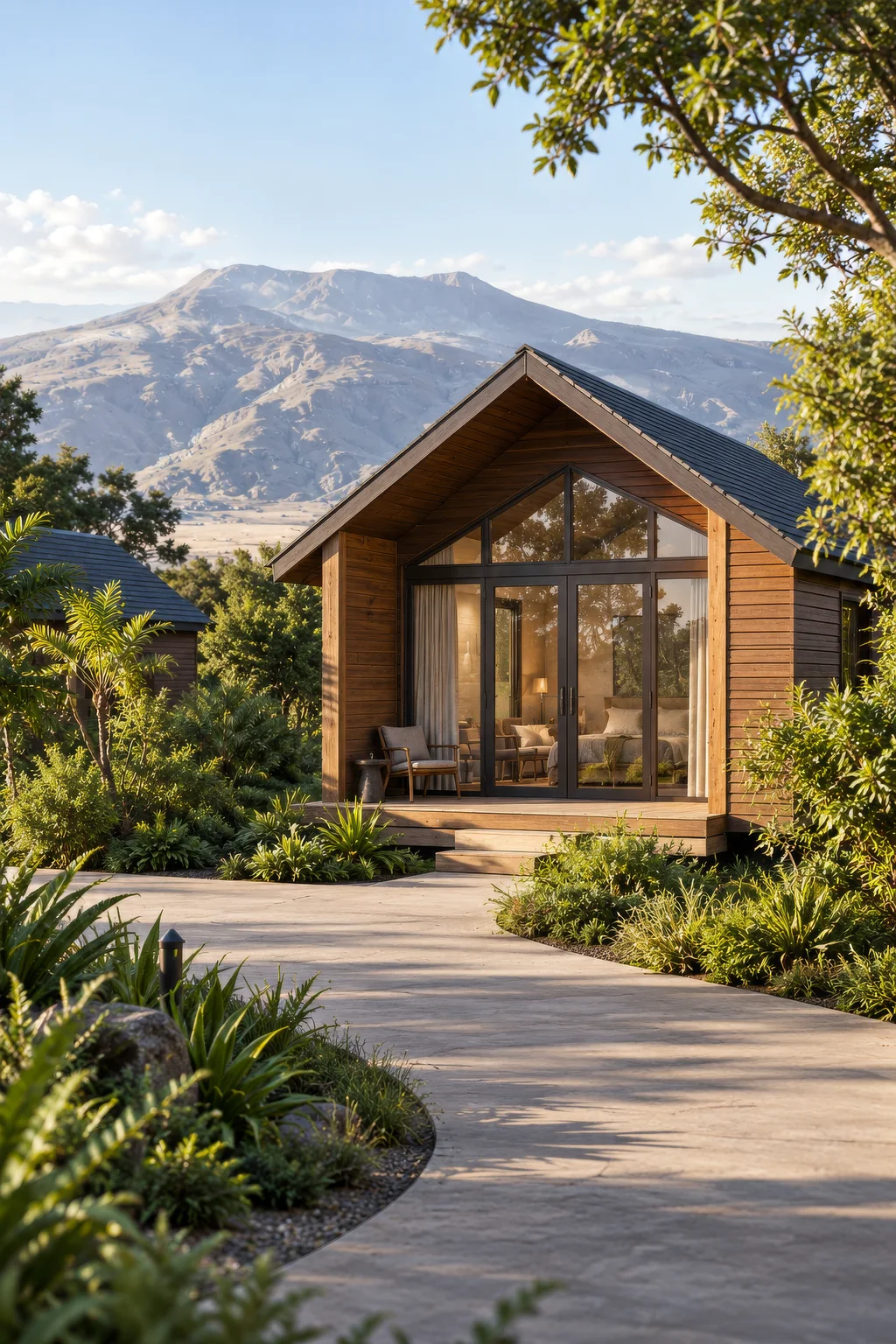 Safari Lodge Renderings for a Mountain Eco-Lodge in Tanzania Portrait render of a timber guest cabin with a glazed gable, a dark shingle roof and a deck, facing a mountain across the plain
