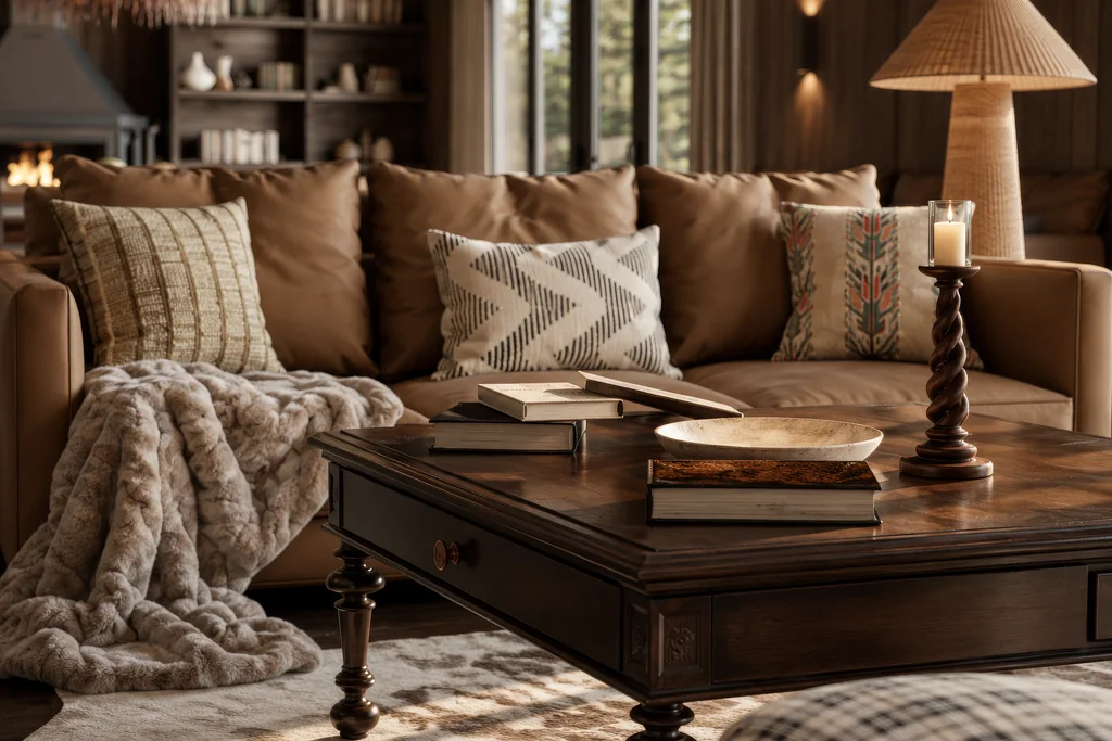 Safari Lodge Renderings for a Mountain Eco-Lodge in Tanzania Close-up render of a leather sofa with patterned cushions, a fur throw and a dark carved coffee table with books