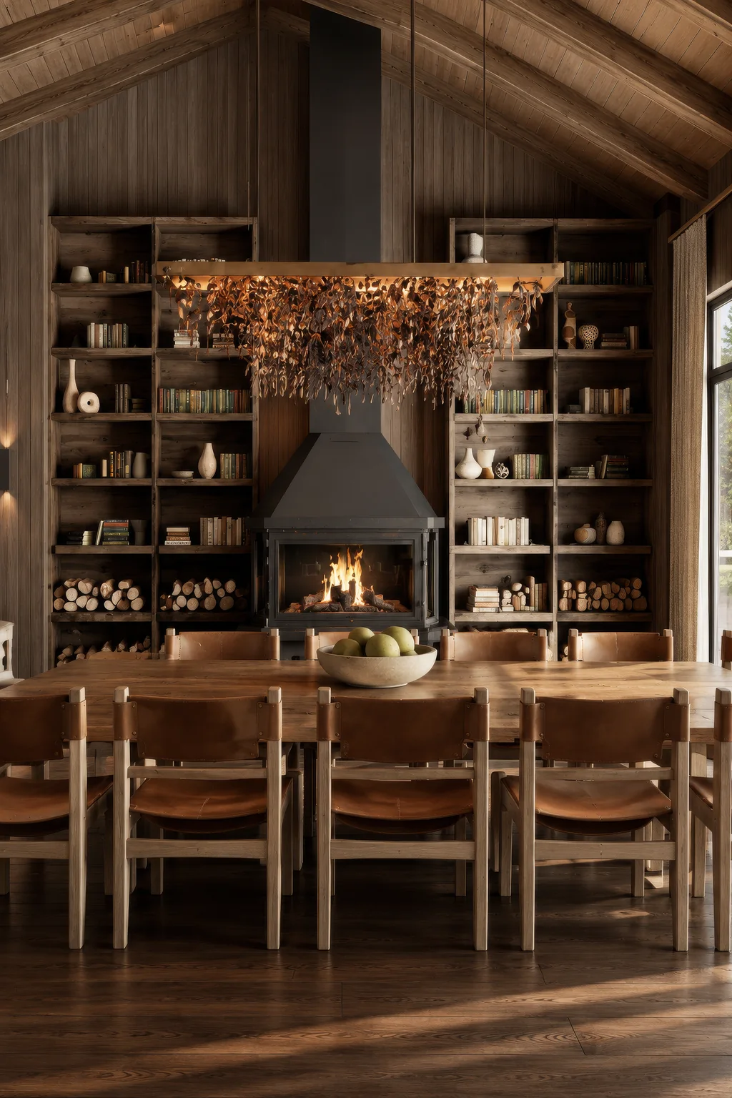 Render of a lodge dining room with long timber tables and chairs in front of a hanging fireplace and shelving
