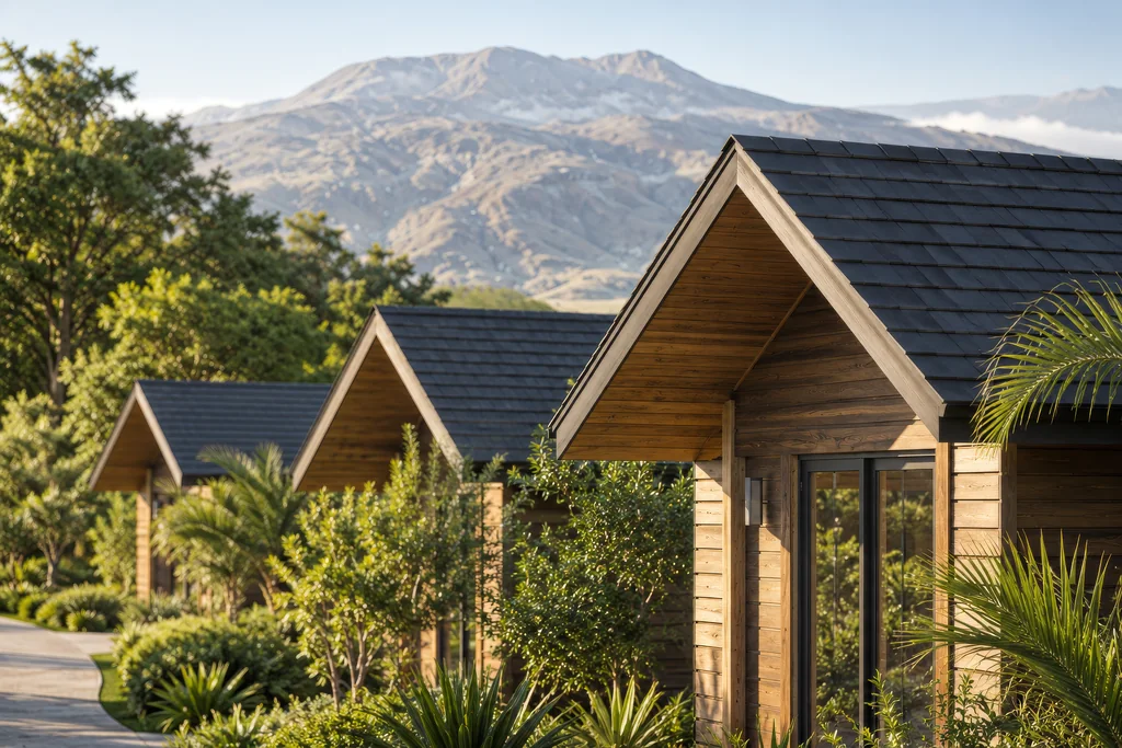 Safari Lodge Renderings for a Mountain Eco-Lodge in Tanzania Detail render of cabin gables with timber cladding, dark shingle roofs and tall windows among palms, with a mountain behind