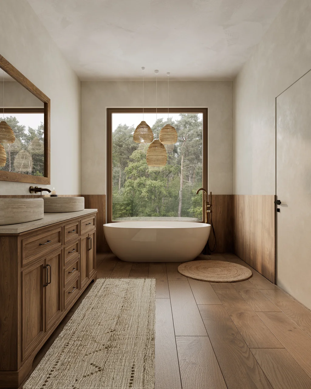 Safari Lodge Renderings for a Mountain Eco-Lodge in Tanzania Portrait render of a lodge bathroom with a freestanding tub under a window onto green trees and a timber vanity