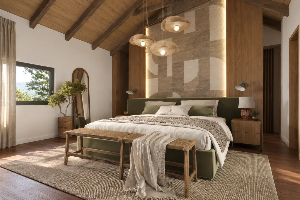 Safari Lodge Renderings for a Mountain Eco-Lodge in Tanzania Render of a lodge guest bedroom with an olive upholstered bed, linen bedding, a woven timber bench and rattan pendant lamps