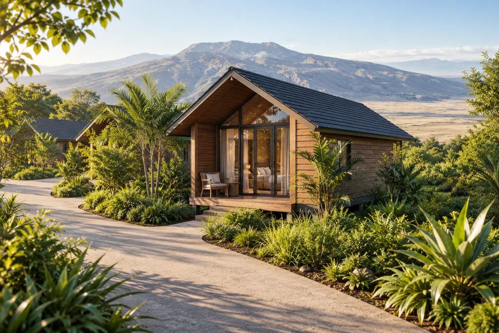 Safari Lodge Renderings for a Mountain Eco-Lodge in Tanzania Render of a timber guest cabin with a glazed gable on a curved path through aloes and palms, with a mountain and plain behind