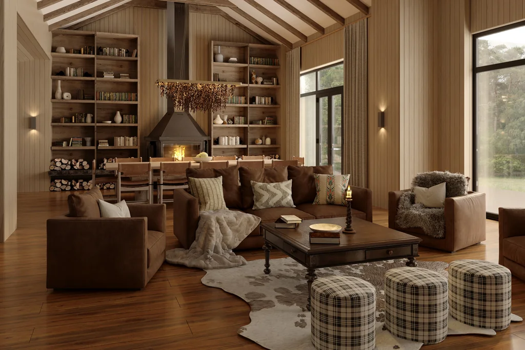 Safari Lodge Renderings for a Mountain Eco-Lodge in Tanzania Render of a lodge library lounge with a black fireplace between floor-to-ceiling shelves, a dining table and leather sofas