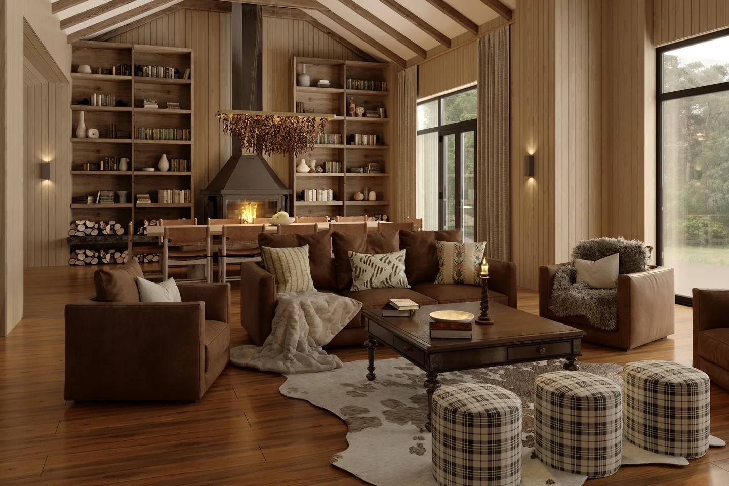 Render of a lodge library lounge with a black fireplace between floor-to-ceiling shelves, a dining table and leather sofas
