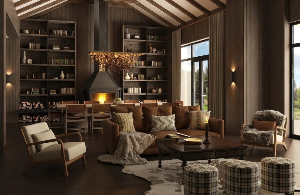 Safari Lodge Renderings for a Mountain Eco-Lodge in Tanzania Wide render of a safari lodge lounge with a hooded fireplace between bookshelves, leather sofas, plaid ottomans and a cowhide rug