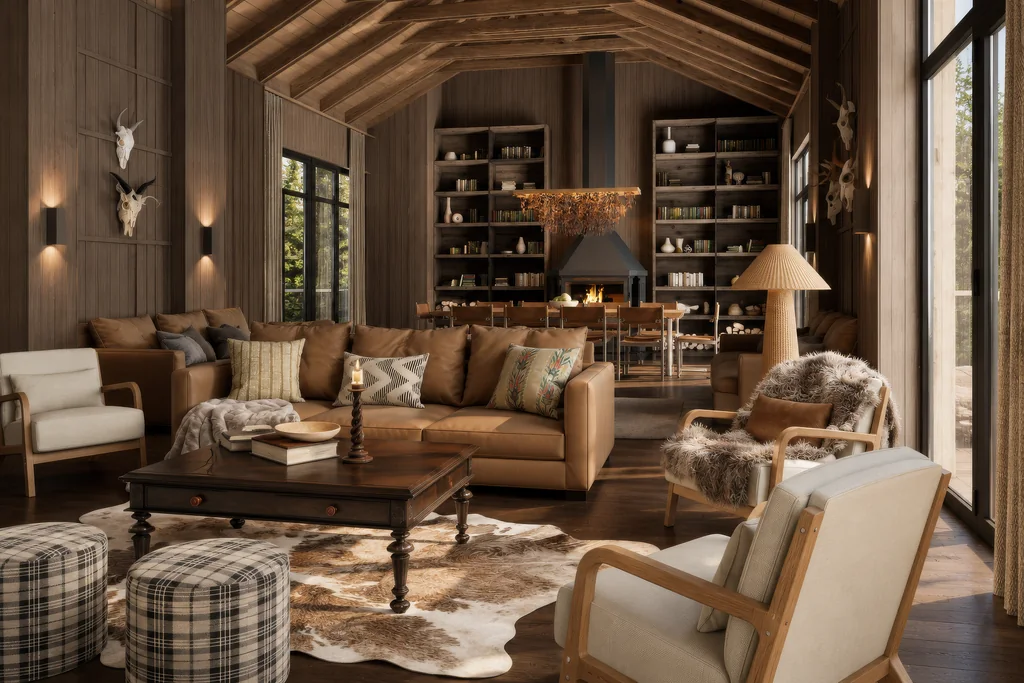 Safari Lodge Renderings for a Mountain Eco-Lodge in Tanzania Render of a safari lodge lounge from a diagonal angle, with leather sofas, armchairs, a carved coffee table and plaid ottomans