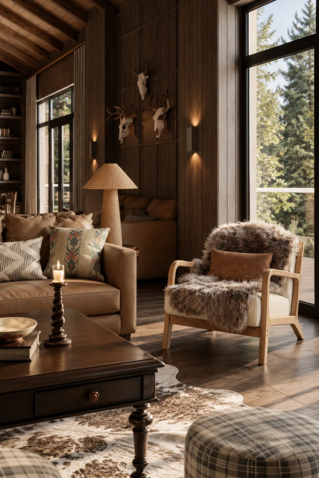 Safari Lodge Renderings for a Mountain Eco-Lodge in Tanzania Portrait render of a lodge lounge with a leather sofa, a sheepskin armchair, a cowhide rug and tall windows onto the trees