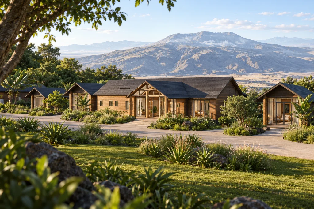 Safari Lodge Renderings for a Mountain Eco-Lodge in Tanzania Render of a main safari lodge and guest cabins with timber cladding and dark roofs on a planted slope below a mountain