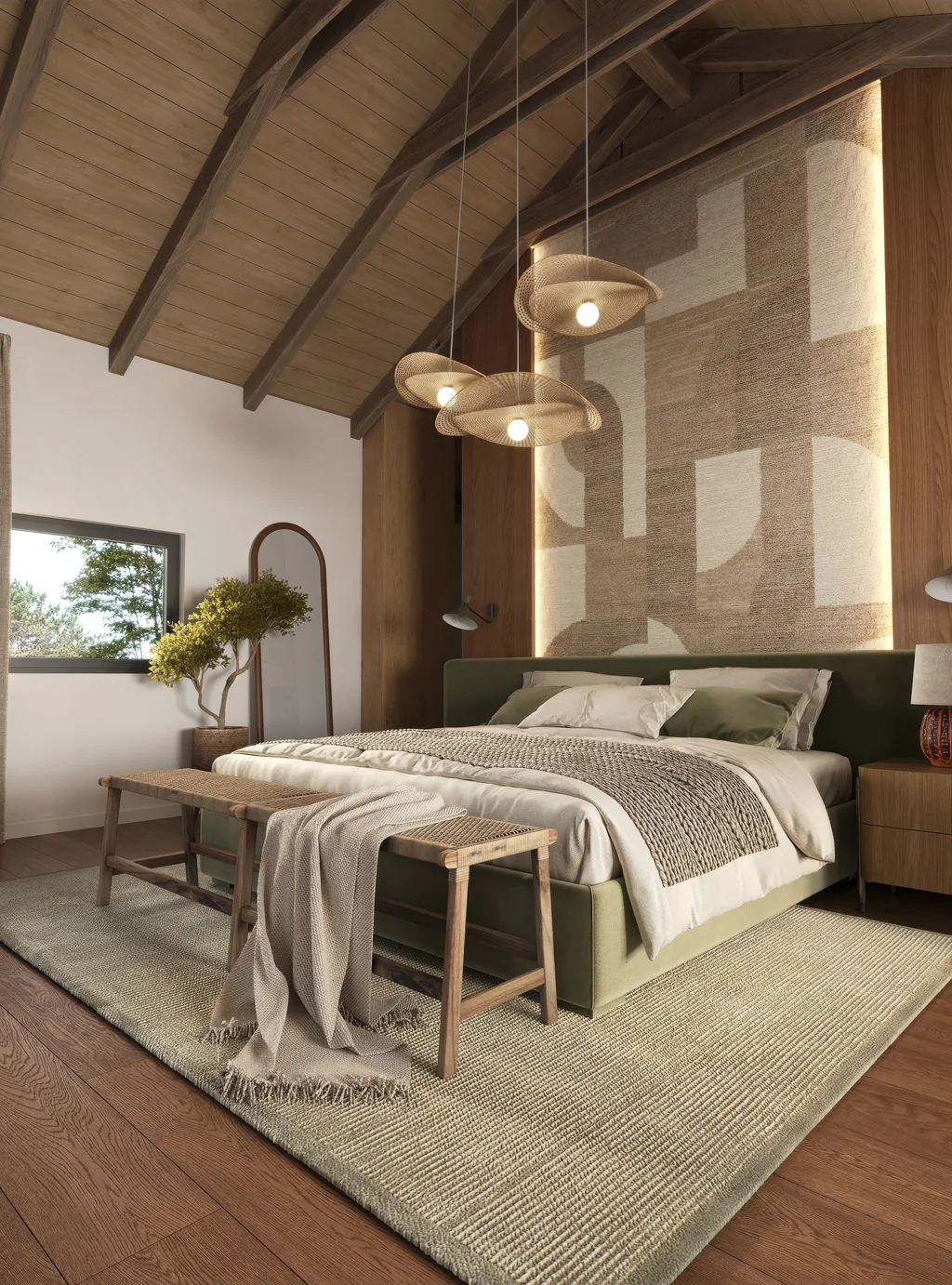 Safari Lodge Renderings for a Mountain Eco-Lodge in Tanzania Portrait render of a lodge bedroom with an olive bed, linen bedding, a woven bench and pendant lamps