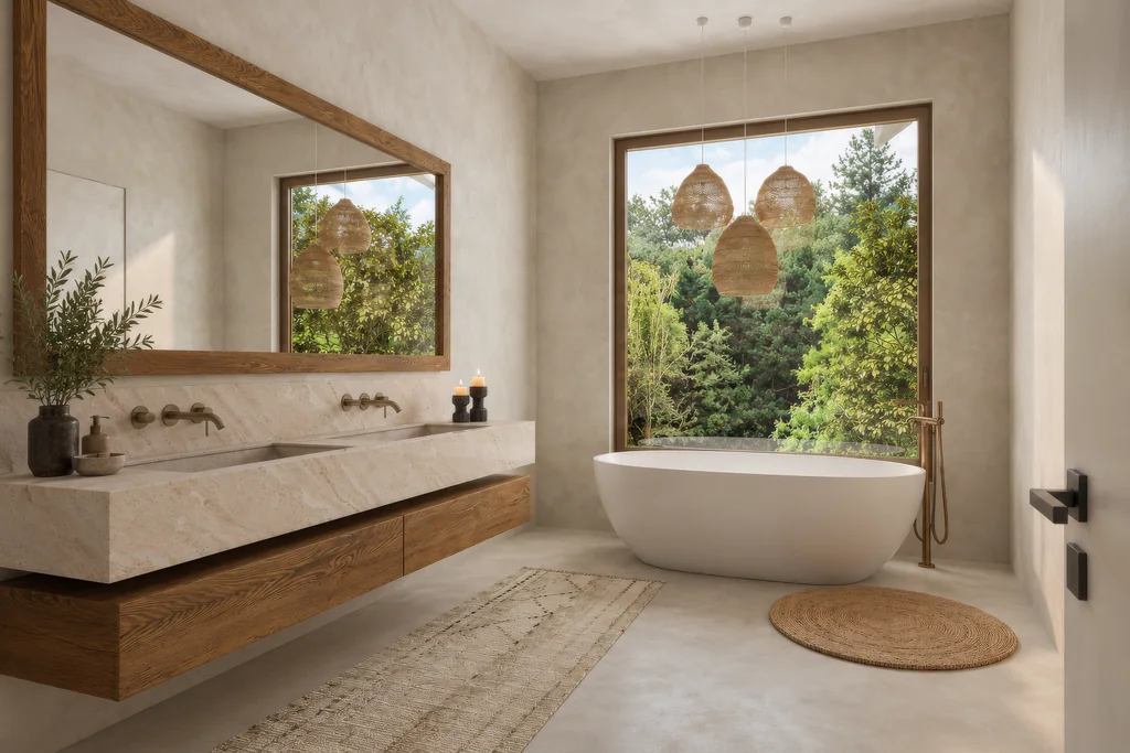 Safari Lodge Renderings for a Mountain Eco-Lodge in Tanzania Render of a lodge bathroom with a freestanding tub under a picture window, a floating timber vanity and woven pendant lights