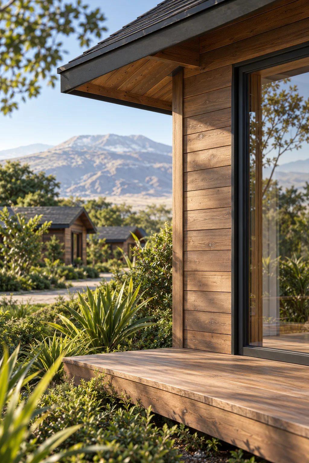 Safari Lodge Renderings for a Mountain Eco-Lodge in Tanzania Portrait render of a timber cabin porch and deck framing a view of other cabins and a mountain across the plain