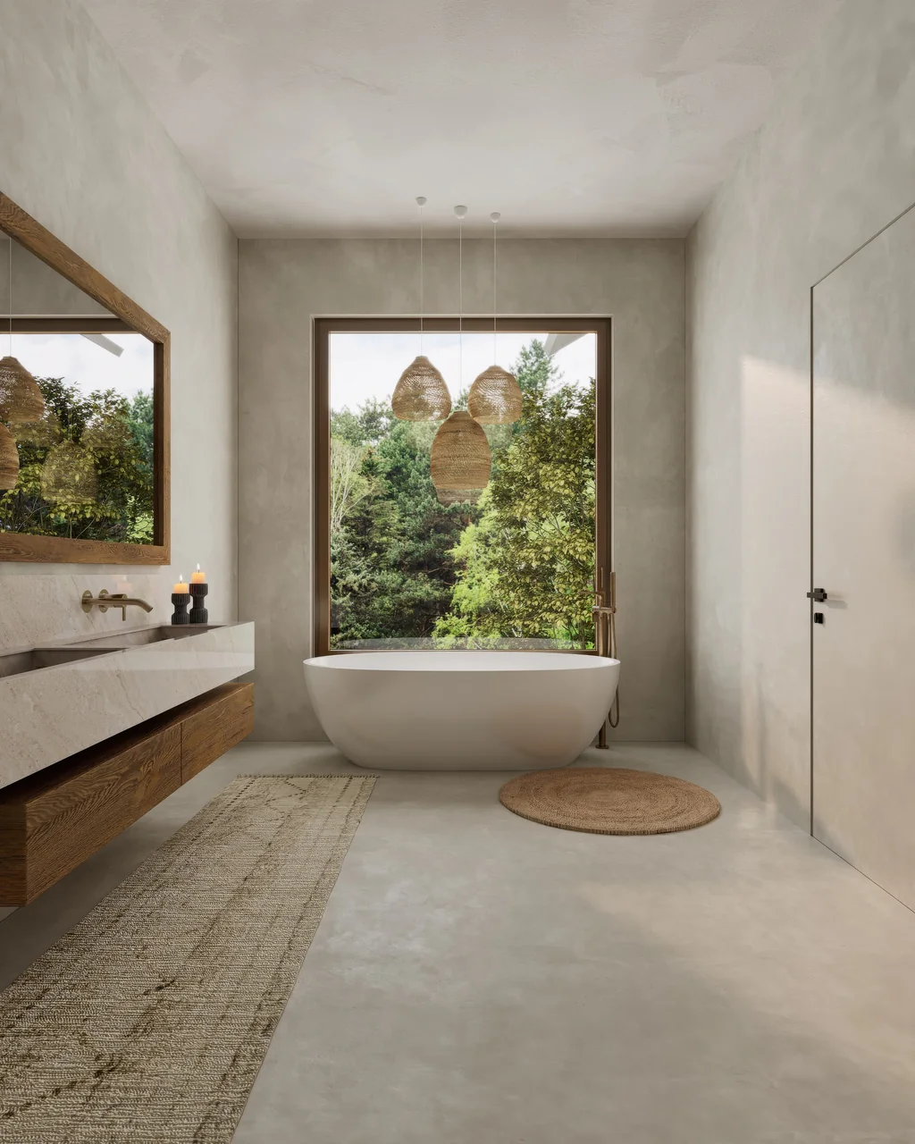 Safari Lodge Renderings for a Mountain Eco-Lodge in Tanzania Portrait render of a villa bathroom with plaster walls, a freestanding tub under a window onto green trees and a woven rug