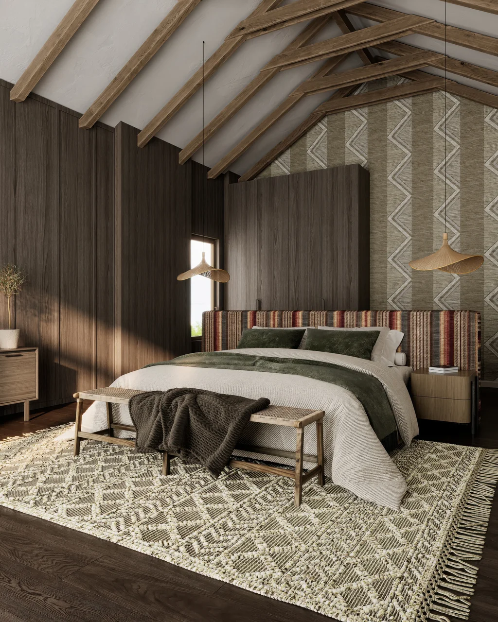 Safari Lodge Renderings for a Mountain Eco-Lodge in Tanzania Render of a villa bedroom with a striped headboard, dark timber walls, a woven bench and a patterned rug