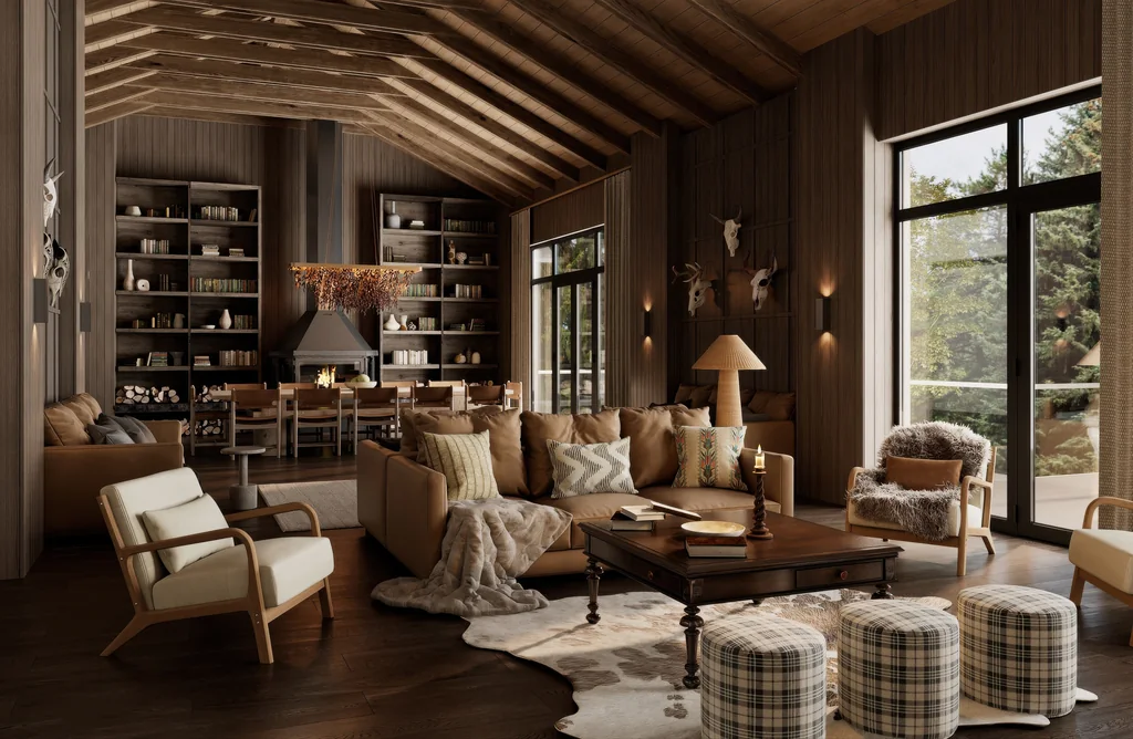 Safari Lodge Renderings for a Mountain Eco-Lodge in Tanzania Render of a villa lounge with a black hooded fireplace between tall bookshelves, leather sofas, armchairs and plaid ottomans