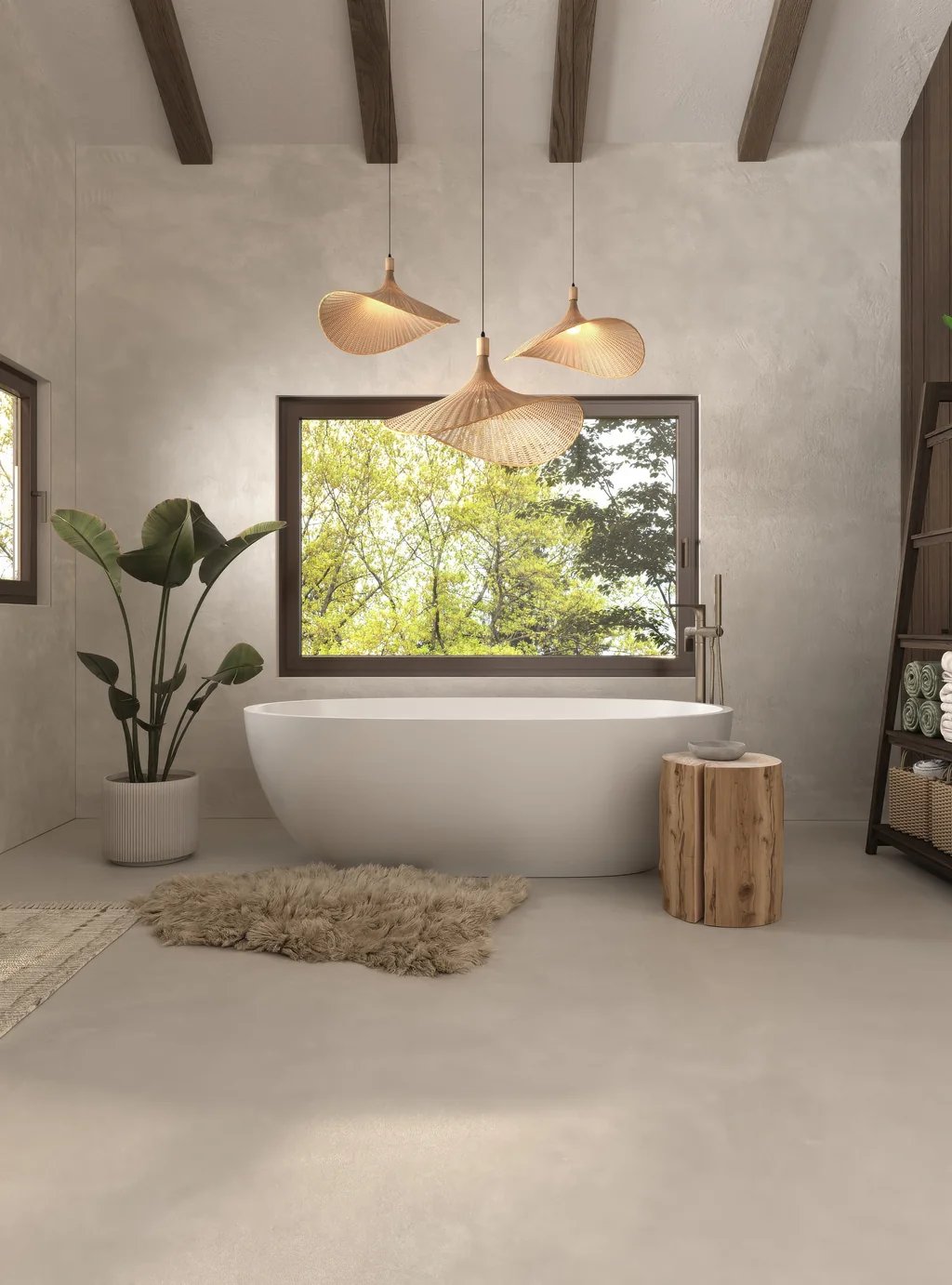 Safari Lodge Renderings for a Mountain Eco-Lodge in Tanzania Portrait render of a VIP suite bathroom with a freestanding tub, woven pendant lights and a window onto the trees