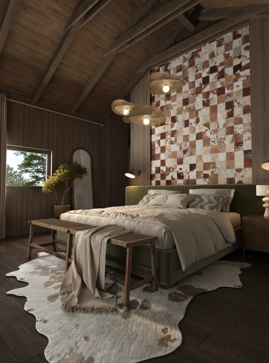 Safari Lodge Renderings for a Mountain Eco-Lodge in Tanzania Portrait render of a VIP suite bedroom with a cowhide patchwork wall, an olive bed, a timber bench and a cowhide rug