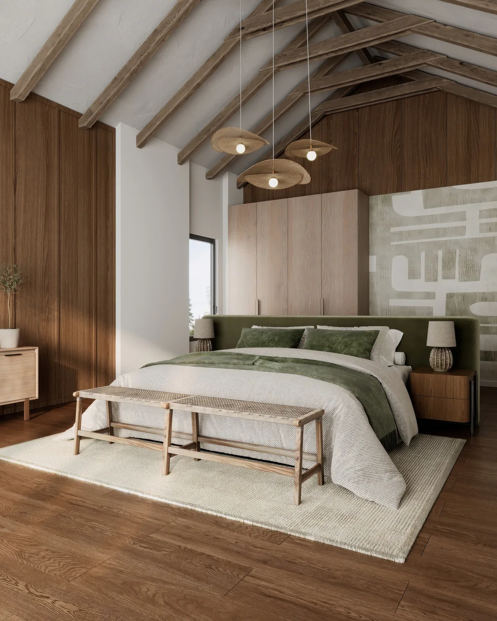 Safari Lodge Renderings for a Mountain Eco-Lodge in Tanzania Portrait render of a bright bedroom with white walls, timber beams, a patterned wall and an olive bed
