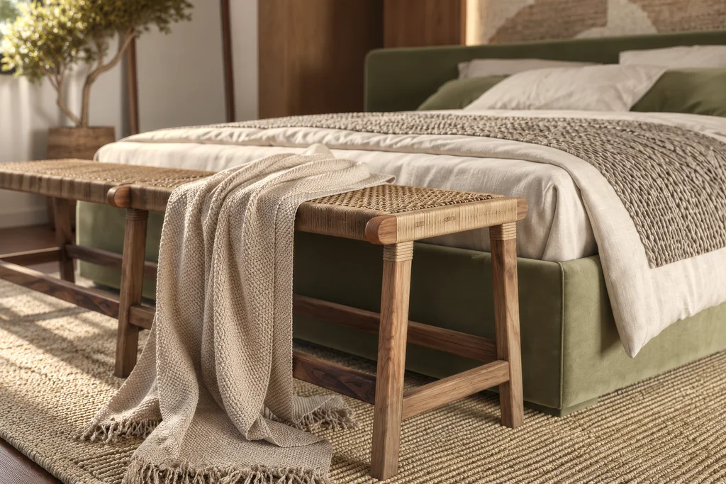 Safari Lodge Renderings for a Mountain Eco-Lodge in Tanzania Close-up render of a woven timber bench at the foot of an olive bed with linen bedding and a knitted throw