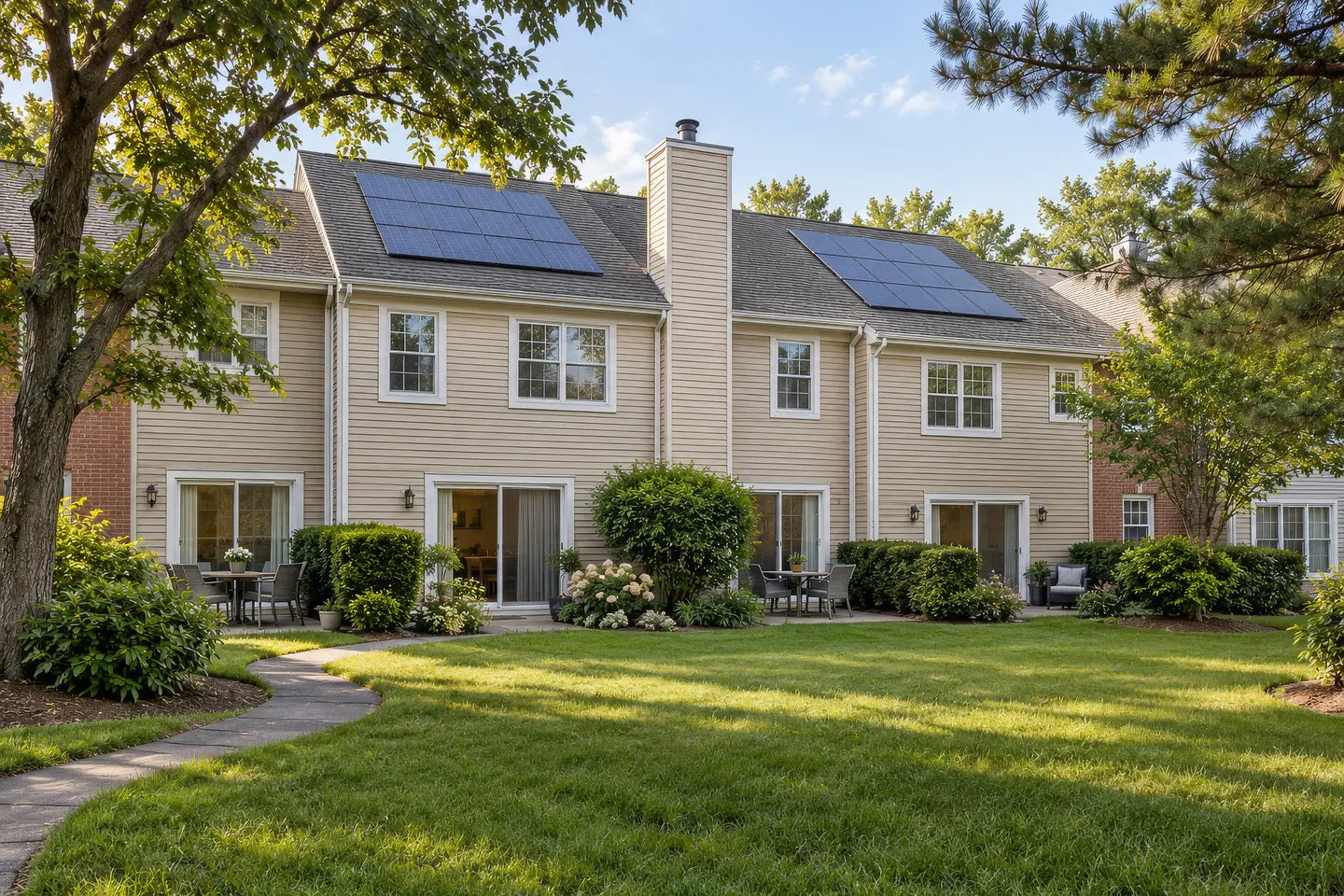 Render of the garden side of a townhouse row with solar panels on the roofs above patios and lawns