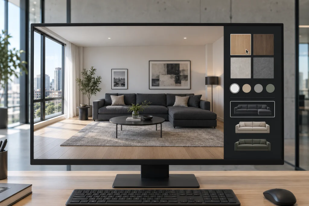 Real-time Unreal Engine configurator on a presentation screen: a living room with floor, wall colour and sofa options