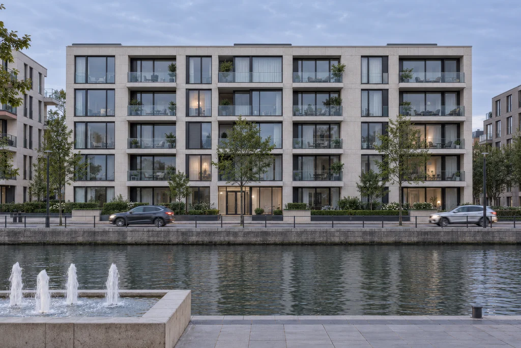 Unreal Engine scene of an apartment building by a canal at dusk with a running fountain, rippling water and moving cars