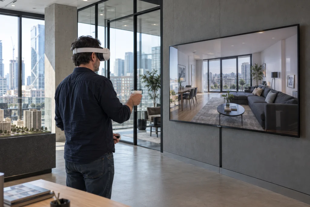 Buyer in a VR headset touring an apartment in a developer sales gallery, with the same Unreal Engine interior on a wall screen