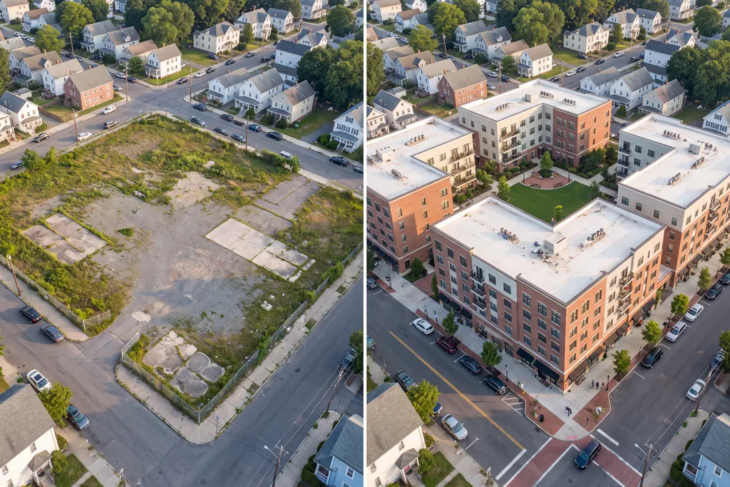 Split drone render of the same site as a vacant lot and as a finished mixed-use district