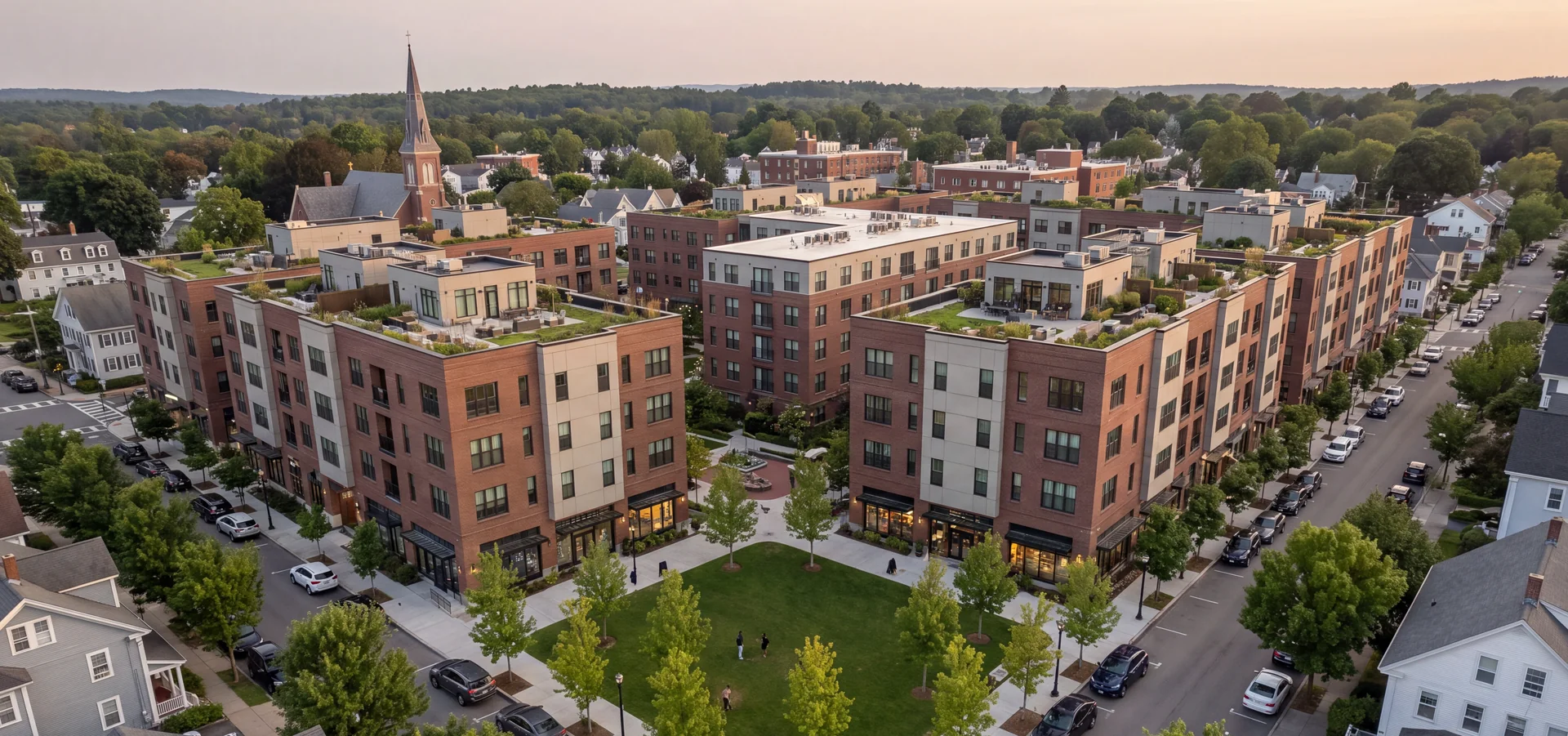 Aerial render of a new mixed-use district with brick apartment blocks around a central green, its streets and the old town church spire behind
