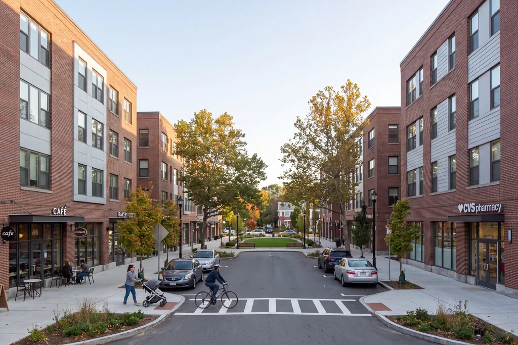 Eye-level render of a mixed-use street with a café, shops and apartments above, a cyclist and a crossing