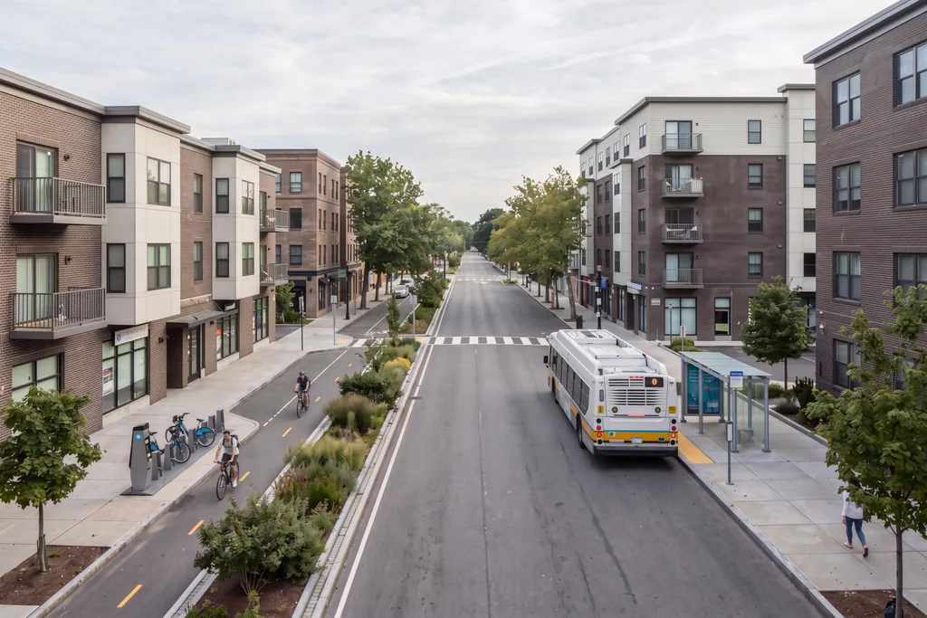 Render of a street with a protected bike lane, planted median, bus stop and bike-share dock