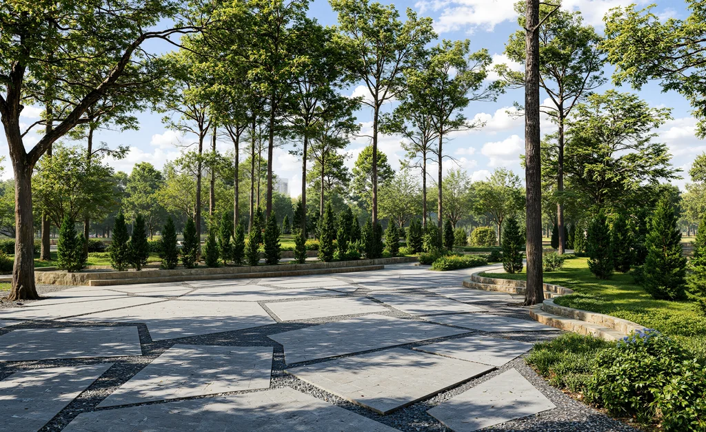 Eye-level render of a granite park plaza with cypress trees, benches and residential towers behind