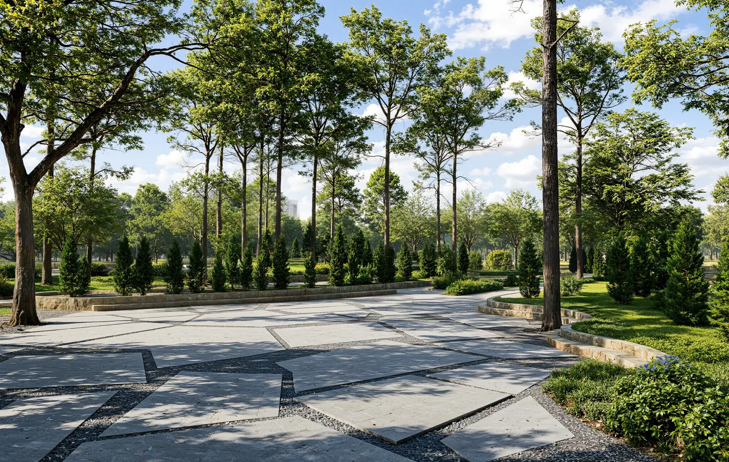 Render of a granite-paved park plaza with gravel joints, columnar conifers and tall trees under a blue sky