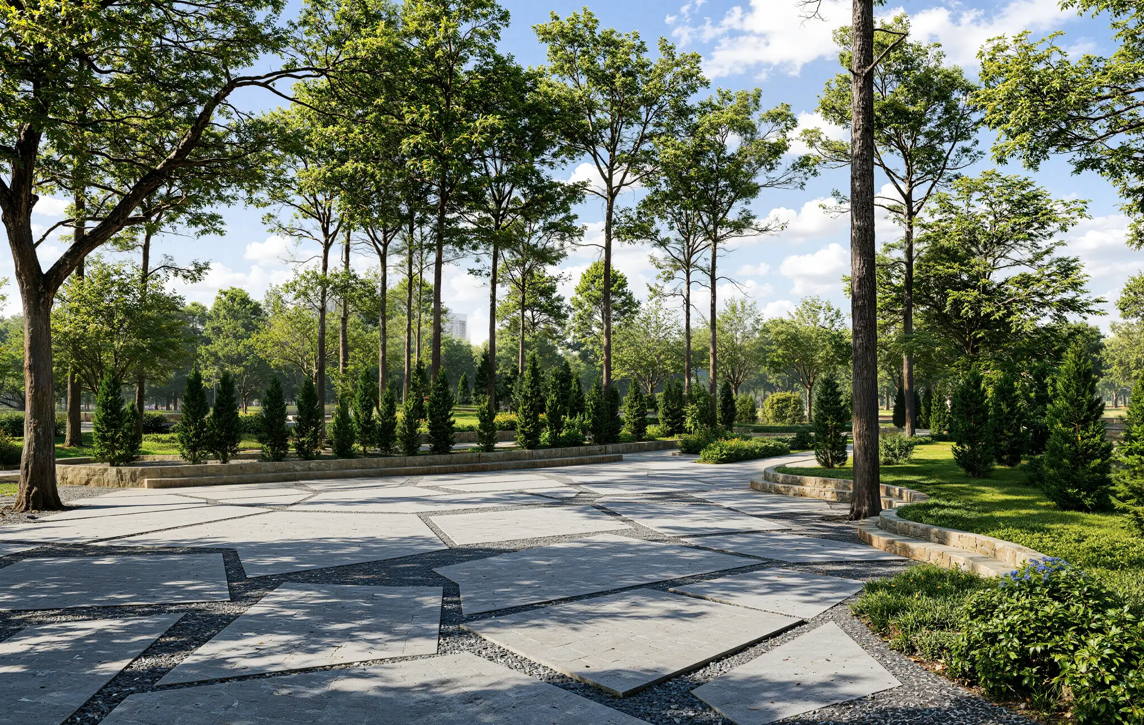 Rendering eines mit Granit gepflasterten Platzes im Park mit Kiesfugen, Säulenkoniferen und hohen Bäumen unter blauem Himmel