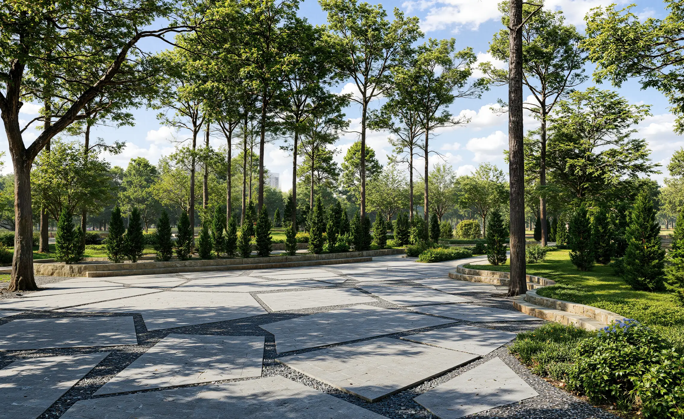 Render of a granite-paved park plaza with gravel joints, columnar conifers and tall trees under a blue sky
