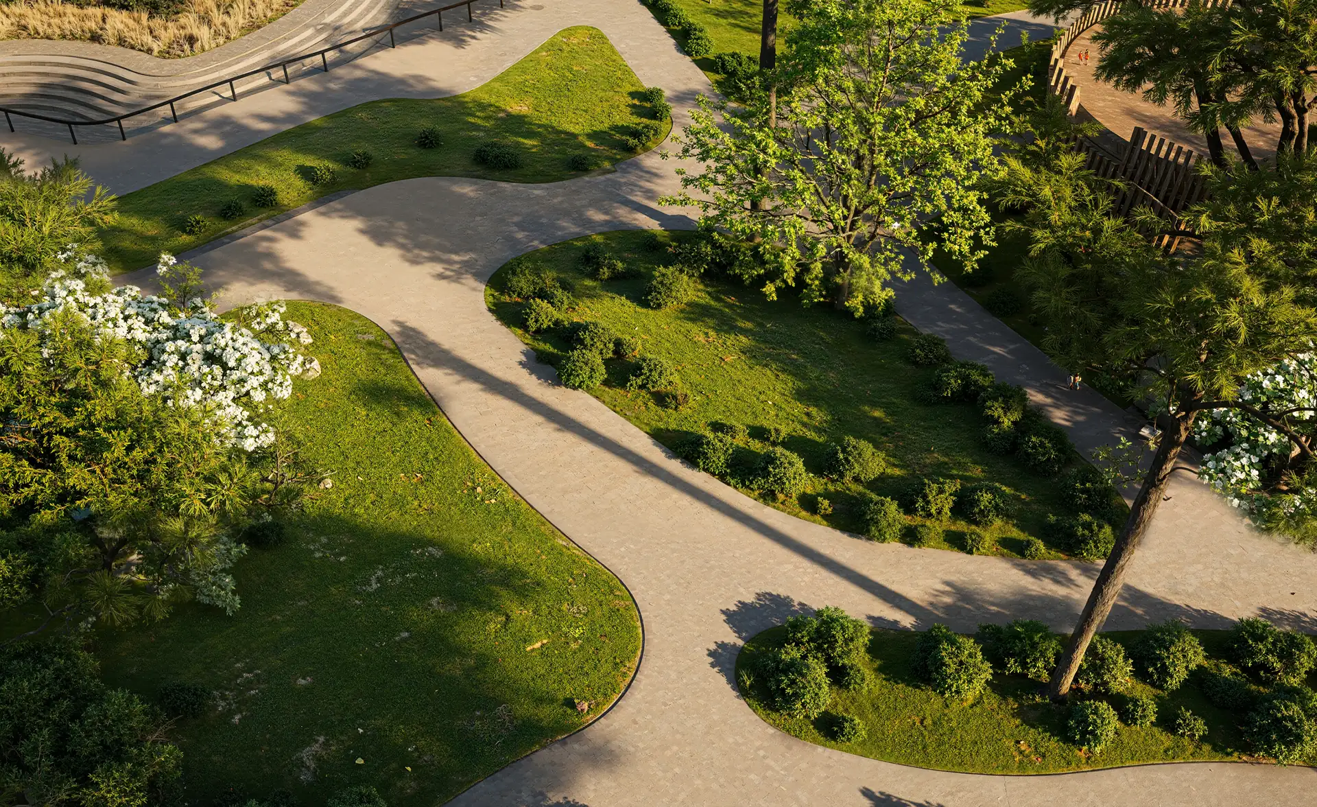 Elevated render of curved park paths between lawns, clipped shrubs and flowering trees in warm evening light