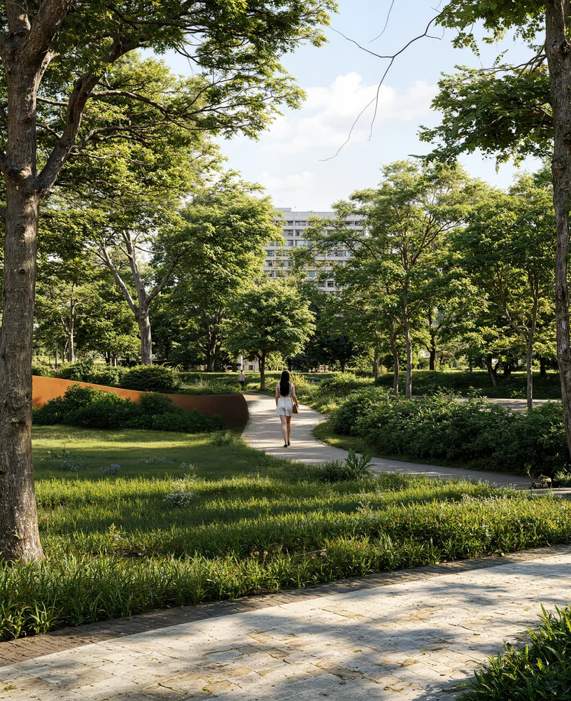 Eye-level render of a woman walking along a park path past meadow grass and a corten steel wall, with a residential tower behind the trees