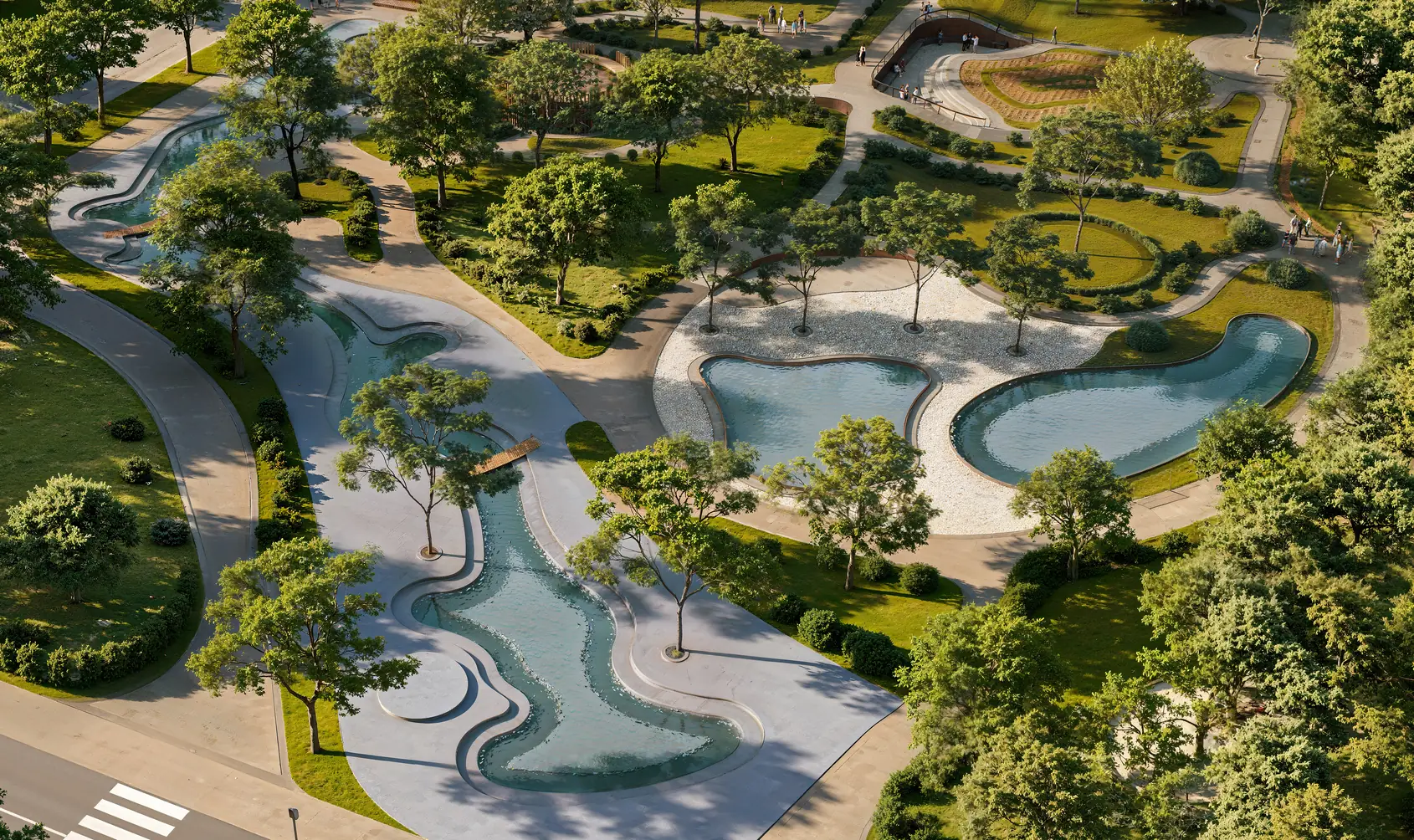 Render aereo di dettaglio di vasche a specchio, un canale d’acqua e prati all’interno di un parco urbano, con percorsi e alberi intorno