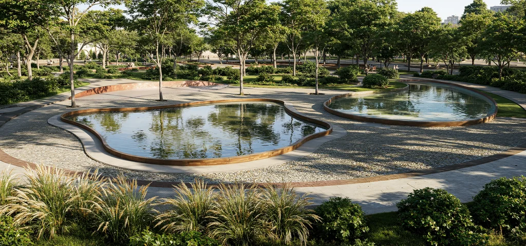 Render of park reflecting pools edged in corten steel with paths and young trees