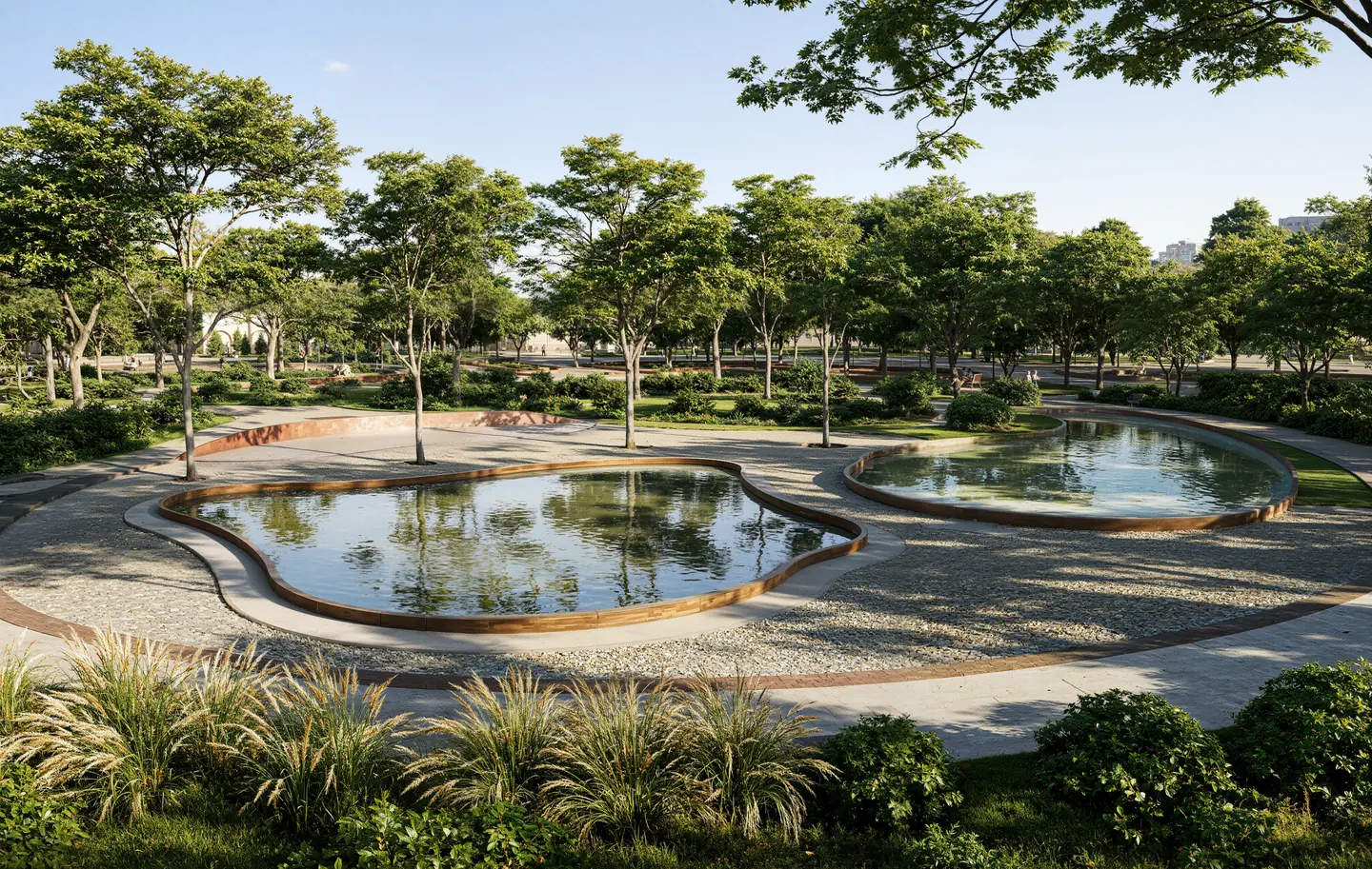 Wide eye-level render of two reflecting pools with corten steel edges among gravel paths, ornamental grasses and young trees in an urban park